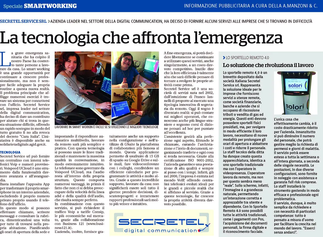Articolo de La Repubblica Milano su Sportello Remoto 4.0